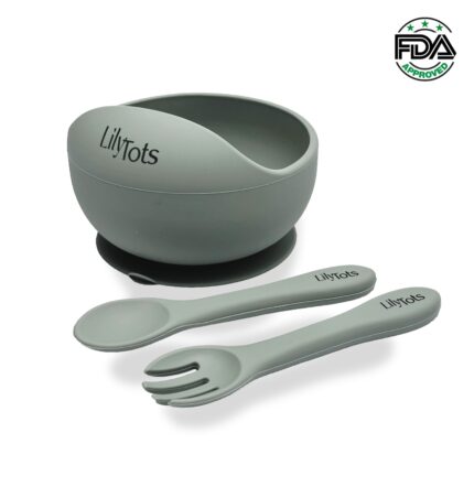 Lily-Tots-LilyTots-Silicone-Silicon-Feeding-Set-Bowl-Spoon-Fork-Food-Baby-Babies-Child-Kid-Toddlers-Children-Safe-Gums-Teething-Kids-Round-Sections-Sage-Green-FDA